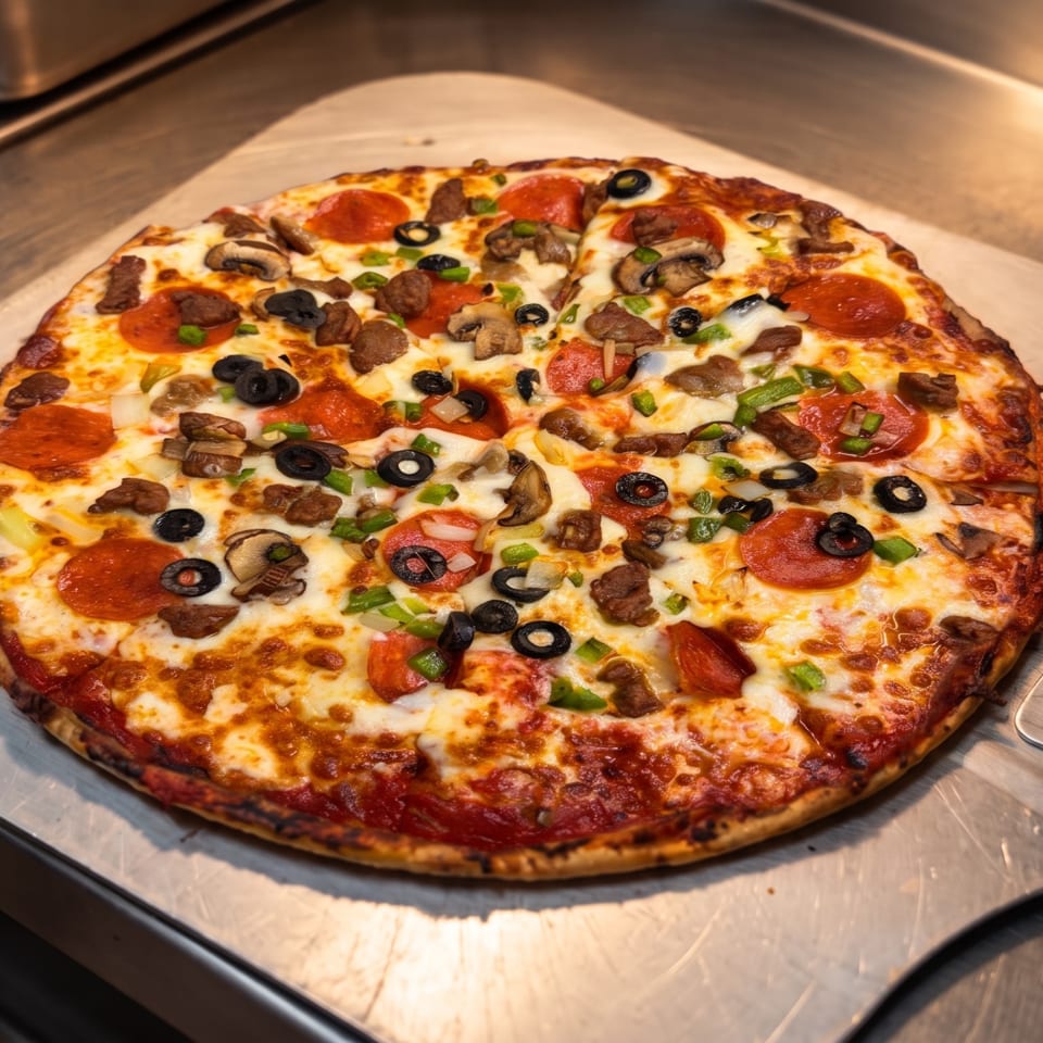 Large loaded pepperoni pizza topped with mushrooms, sausage, black olives, onions, and green peppers on a metal pizza peel.