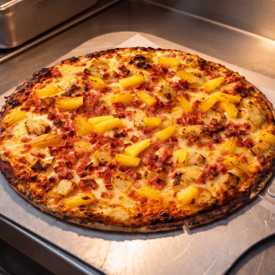 Cheesy pizza topped with pineapple, diced ham, and grilled chicken on a metal pizza peel in a commercial kitchen.