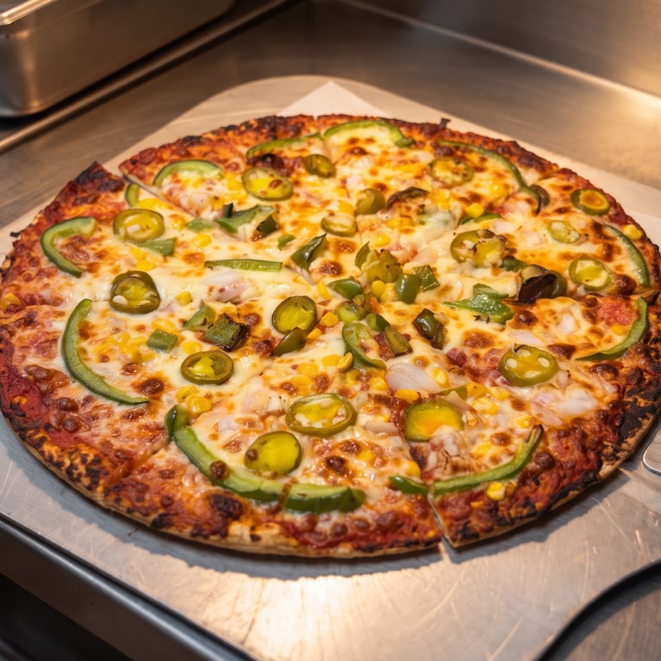 Cheesy vegetable pizza topped with green peppers, jalapeños, corn, and onions on a metal pizza peel.