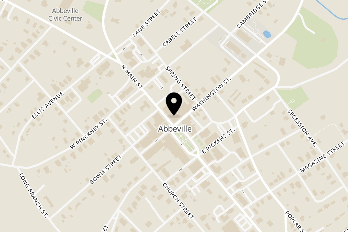 Map showing the location of Pizza At The Square on 105 Washington St in Abbeville
